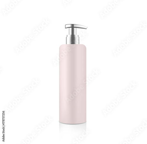 Mock up cosmetic pink bottle with silver metallic dispenser for cream soap gel shampoo etc. Beauty product package template, vector illustration