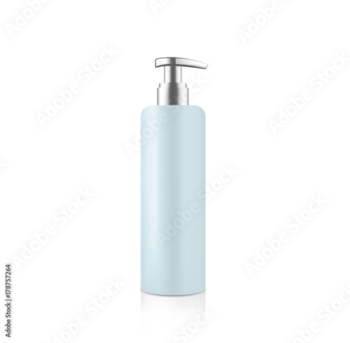 Mock up cosmetic blue bottle with silver metallic dispenser for cream soap gel shampoo etc. Beauty product package template, vector illustration