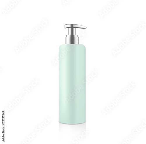 Mock up cosmetic green bottle with silver metallic dispenser for cream soap gel shampoo etc. Beauty product package template, vector illustration
