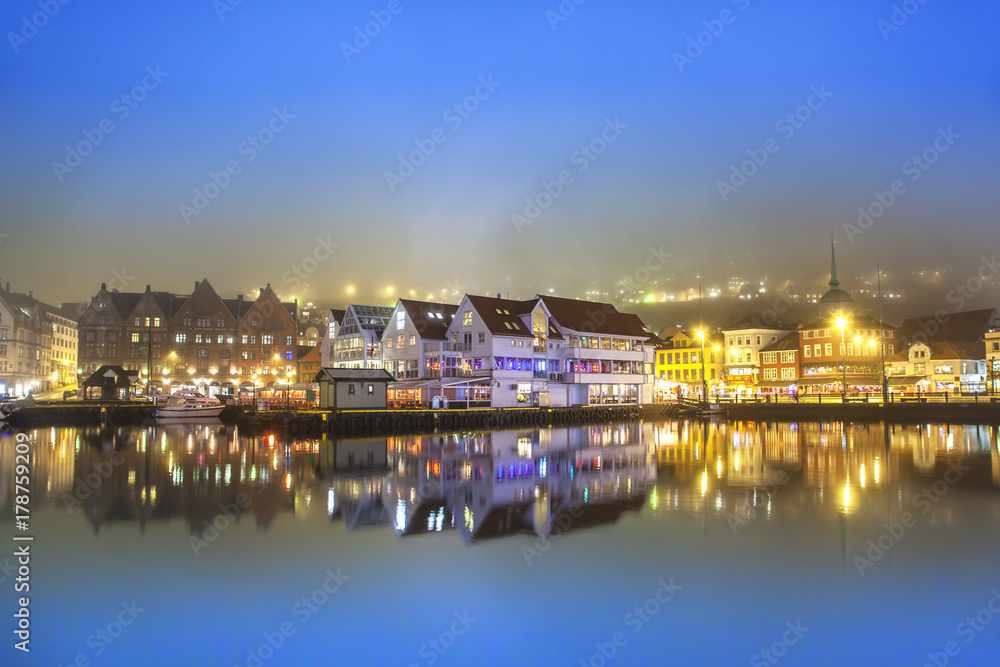 Bergen, Norway waterfront at night with some fog