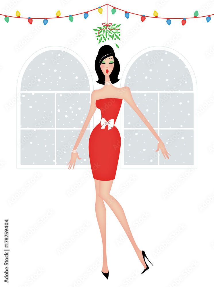 Pretty Woman Standing Under the Mistletoe at Christmas Pretty Woman Standing Under the Mistletoe at Christmas