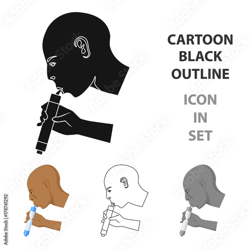 Man drink through compact filter icon in cartoon style isolated on white background. Water filtration system symbol stock vector illustration.