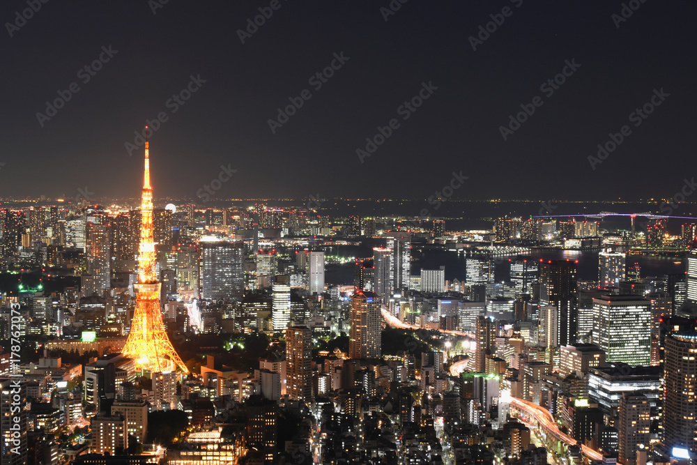 日本の東京都市風景「港区や東京湾方面などを望む」