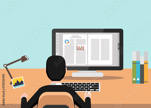 Businessman using computer at desk. Working with word processor illustration. photo