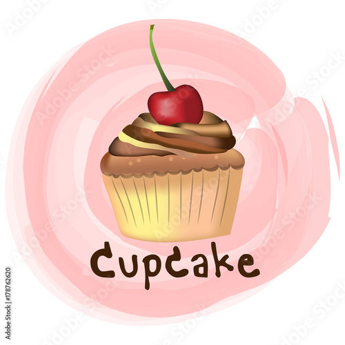 Vector and illustration of cute vanilla cupcake with chocolate whipping cream decorated topping in hand drawing and water color painting style with cute cupcake word on pink pastel background