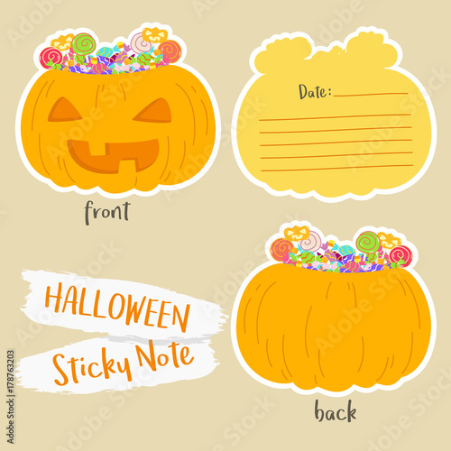 Printable Halloween pumpkin, jack o lantern sticky note cartoon vector.
front, back cover, and pages design