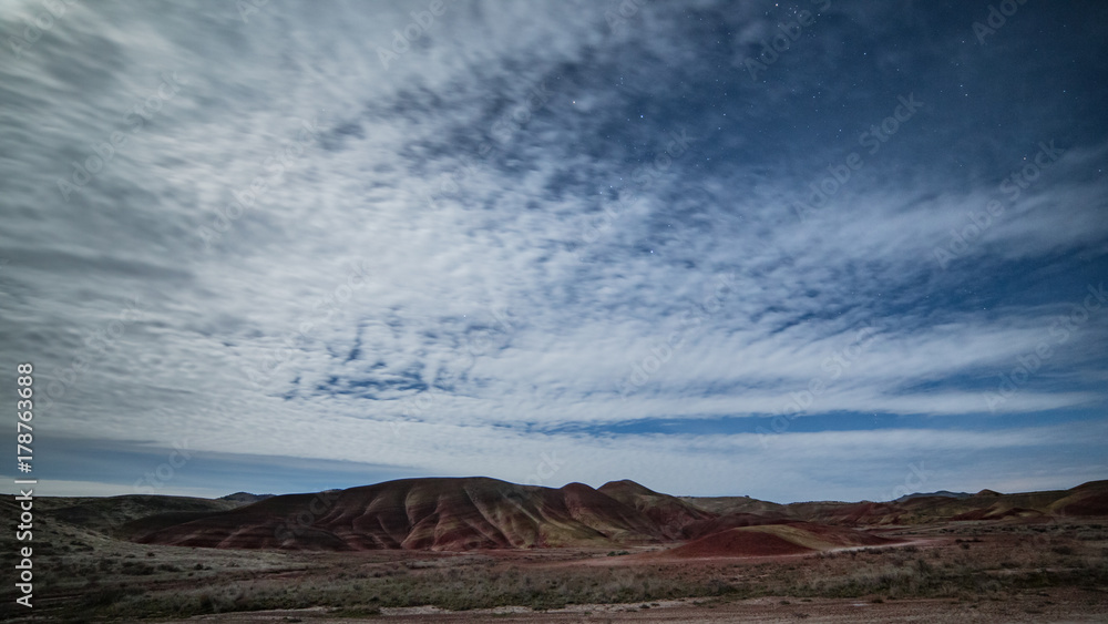 Painted Hills by Moonlight under night sky with stars