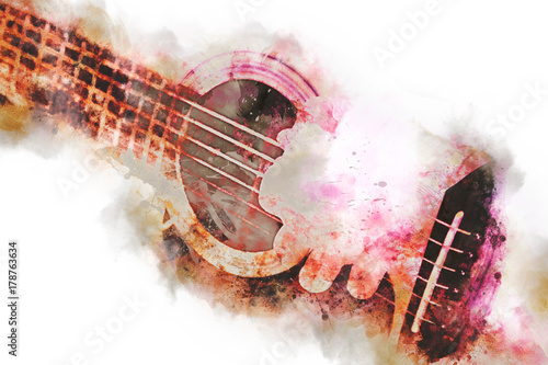Fototapeta Naklejka Na Ścianę i Meble -  Abstract beautiful playing Guitar in the foreground on Watercolor painting background and Digital illustration brush to art.