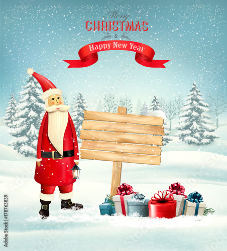 Christmas holiday background with Santa Claus and wooden sign. Vector illustration