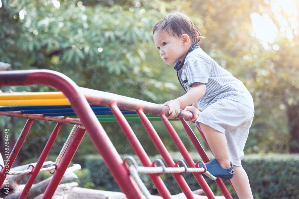 Happy asian little child boy having fun to play and climb up the ladder in the playground Happy asian little child boy having fun to play and climb up the ladder in the playground