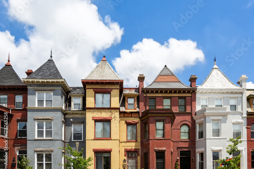 Row houses in the Washington DC neighborhood of Bloomingdale on a summer day.