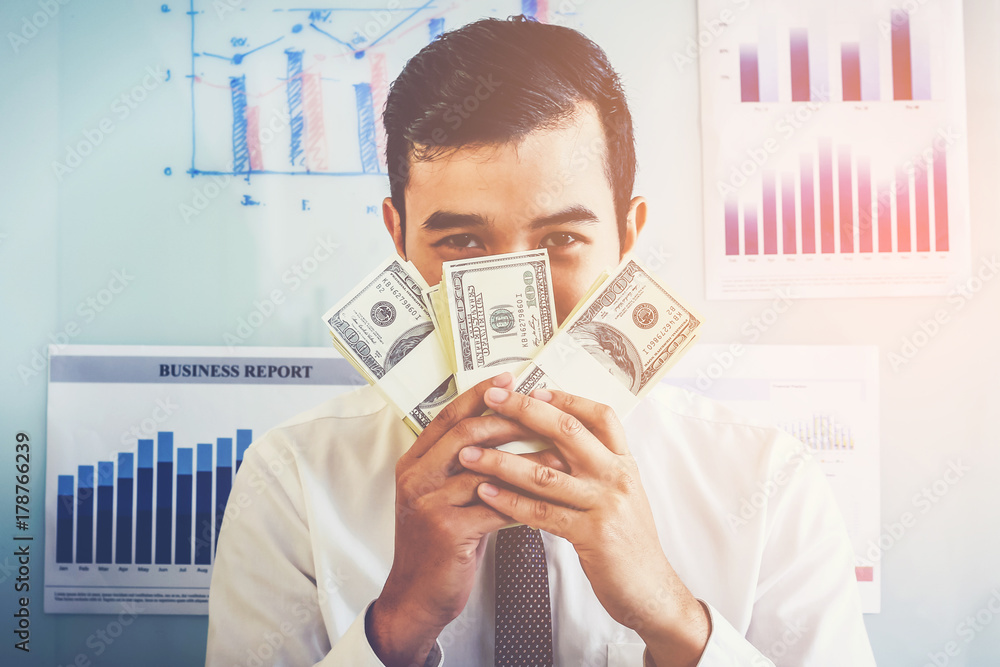 businessman talking with partnership/customer about business contract at front office ;businessman feeling happy and smile with partnership/customers after business success