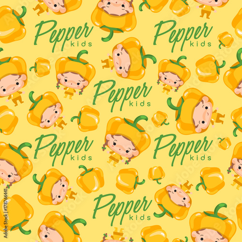 Boy and girl wearing Vegetable shaped hat   Seamless Pattern   Vector Illustration