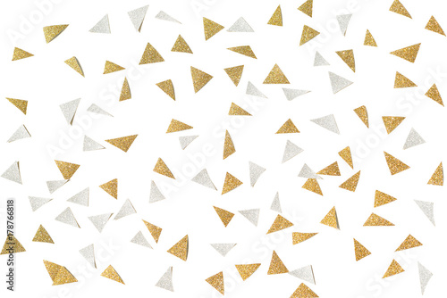 Gold and silver glitter confetti paper cut on white background  