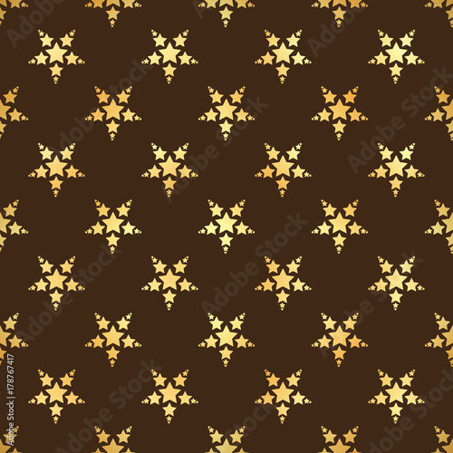 Gold star seamless pattern. Abstract black modern seamless pattern with gold confetti stars. Vector illustration. Shiny background. Texture of gold foil.