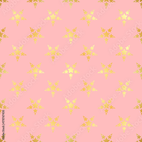 Gold star seamless pattern. Abstract black modern seamless pattern with gold confetti stars. Vector illustration. Shiny background. Texture of gold foil.