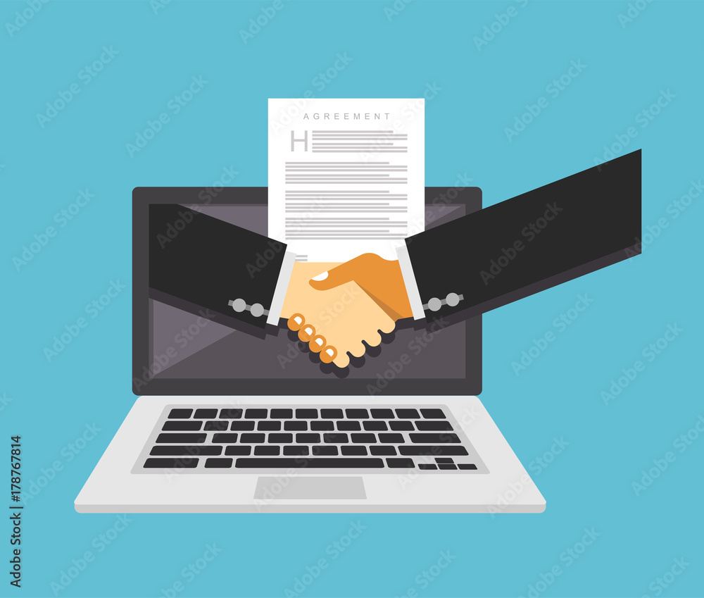 Online business deal. Business deal handshake. Online agreement Online business deal. Business deal handshake. Online agreement