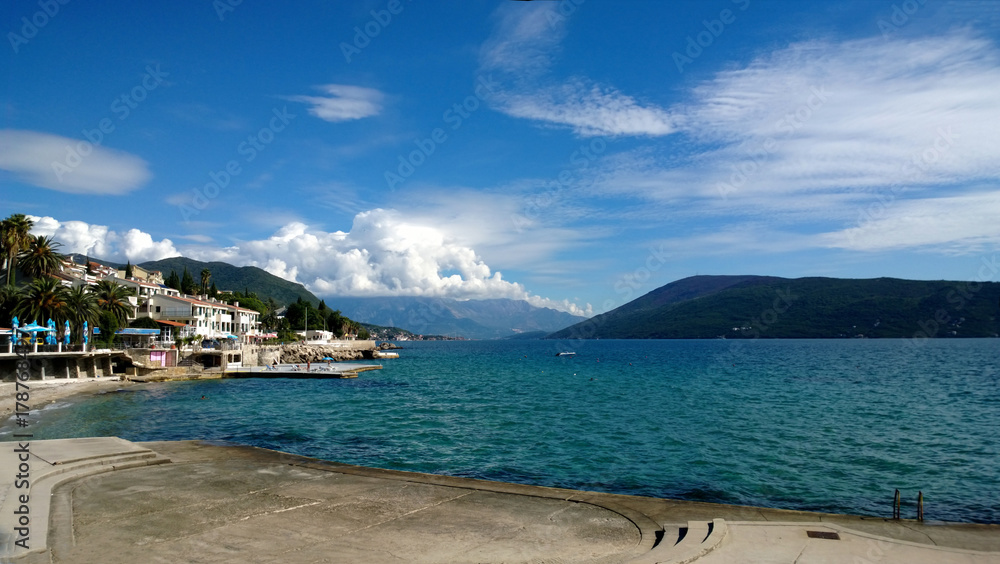 Beautiful turquoise clear water on the waterfront of the city of Herceg Novi in Montenegro