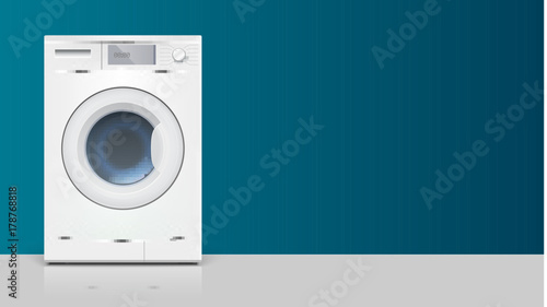 Template with washing machine for advertisement on horizontal long backdrop. Icon of realistic white washing machine, front view. 3D illustration with place for text