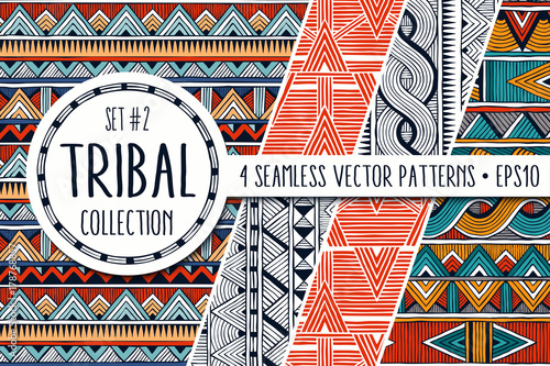 Colorful ethnic patterns collection. Set of 4 modern abstract seamless ornaments. All patterns are available under the clipping mask. EPS10 vector illustration. photo