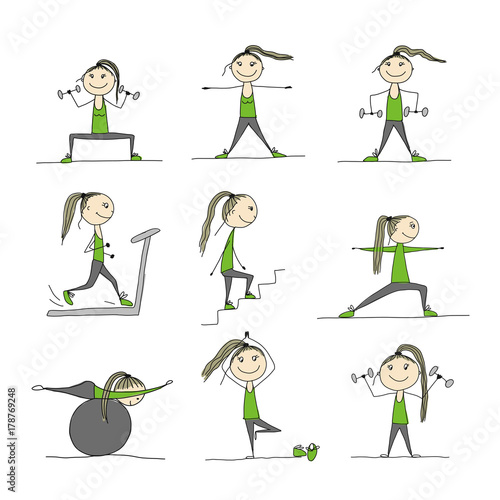 Girl doing sport exercises, sketch for your design