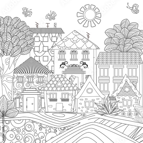 funny cityscape with butterflies for coloring book