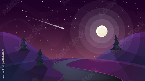 Travel night cartoon landscape. Fir, comet, star, moon road illustration Vector eps 10