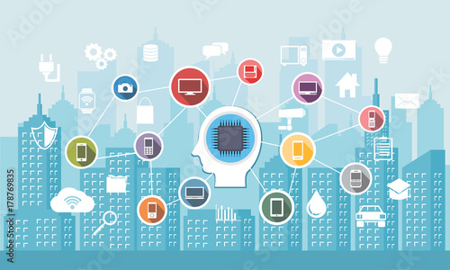 Wallpaper Mural Smart city with smart services. Internet of Things. Networks smart device connection concept Torontodigital.ca