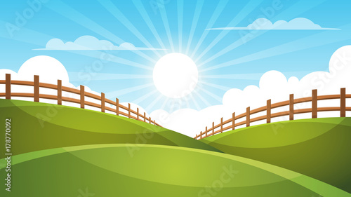 Fence, cartoon landscape. Sun, cloud sky illustration Vector eps 10