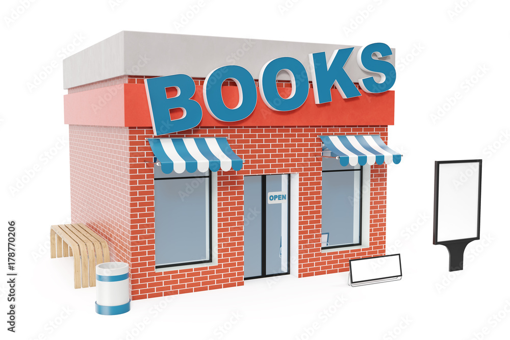 Books Store with copy space board isolated on white background. Modern shop buildings, store facades. Exterior market. Exterior facade store building, 3D rendering Books Store with copy space board isolated on white background. Modern shop buildings, store facades. Exterior market. Exterior facade store building, 3D rendering