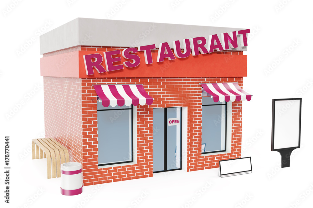 Restaurant Store with copy space board isolated on white background. Modern shop buildings, store facades. Exterior market. Exterior facade store building, 3D rendering Restaurant Store with copy space board isolated on white background. Modern shop buildings, store facades. Exterior market. Exterior facade store building, 3D rendering