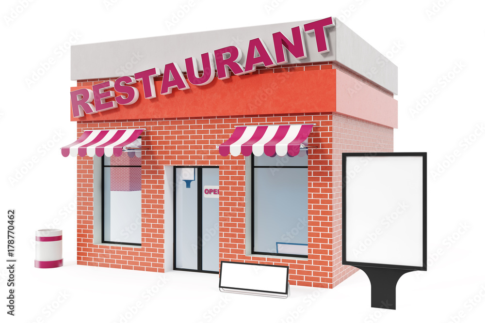 Restaurant Store with copy space board isolated on white background. Modern shop buildings, store facades. Exterior market. Exterior facade store building, 3D rendering Restaurant Store with copy space board isolated on white background. Modern shop buildings, store facades. Exterior market. Exterior facade store building, 3D rendering