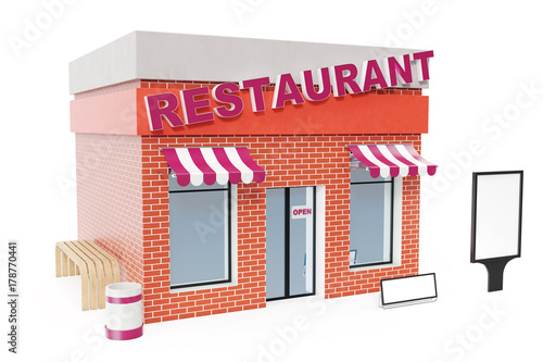 Restaurant Store with copy space board isolated on white background. Modern shop buildings, store facades. Exterior market. Exterior facade store building, 3D rendering