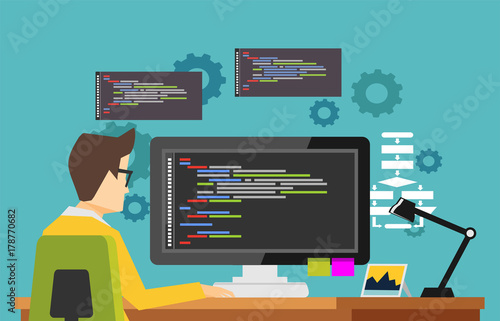 Programmer working on computer. Focus on programming code. Concept of coding or developing