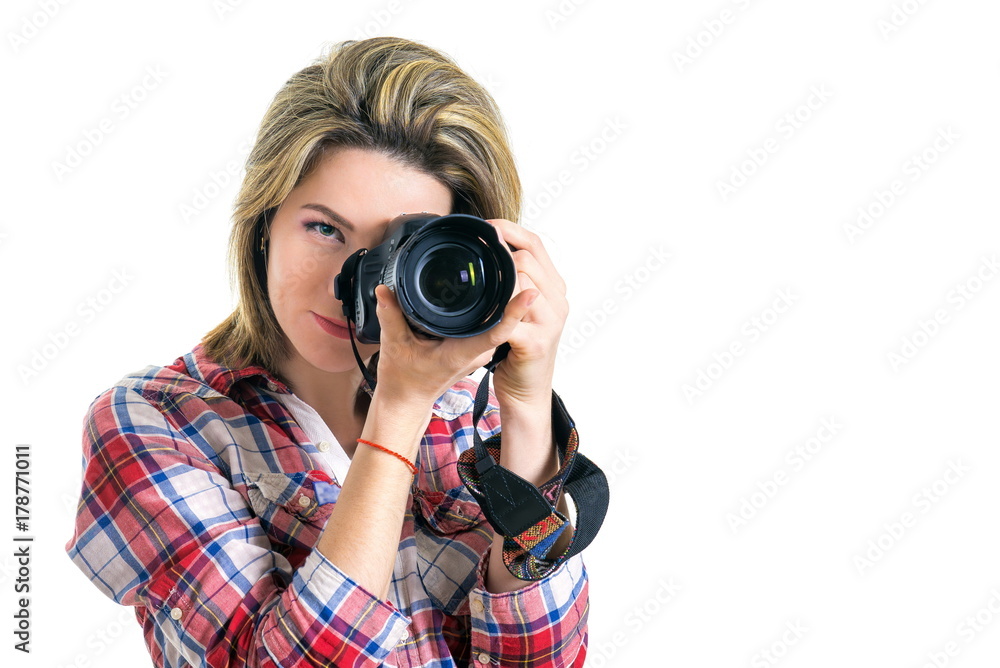 Beautiful Girl photographer. Girl with camera on white background. The girl takes pictures, hobbies like making money. modern youth. Smiling girl photographer
Beautiful Girl photographer. Girl with camera on white background. The girl takes pictures, hobbies like making money. modern youth. Smiling girl photographer
