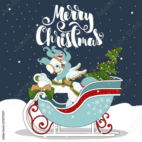 Christmas pony on a winter background, snowflakes. With an inscription. Vector illustration.