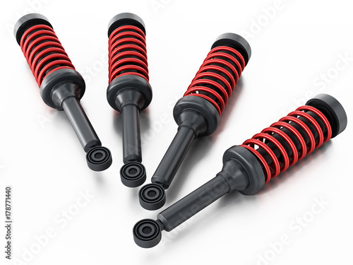 Spare car dampers and springs isolated on white background. 3D illustration