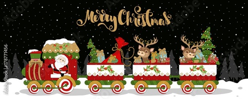 The Christmas train and carriages on winter background, snowflakes. With an inscription. Vector illustration.