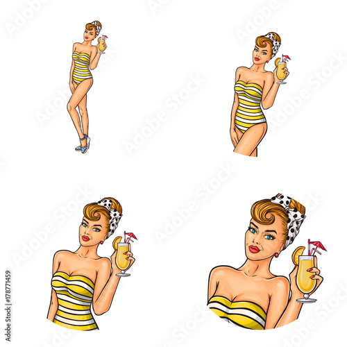 Set of vector pop art round avatar icons for users of social networking, blogs, profile icons. Young blonde girl in swimsuit holds a glass of cocktail in her hand