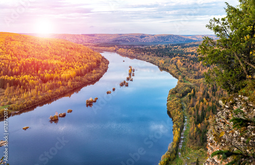View of the Vishera river from the Vetlan cliff. Perm Krai. Russia.