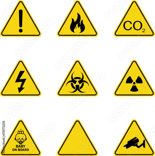 Set of triangle warning signs. Warning roadsign icon. Danger-warning-attention sign. Yellow background