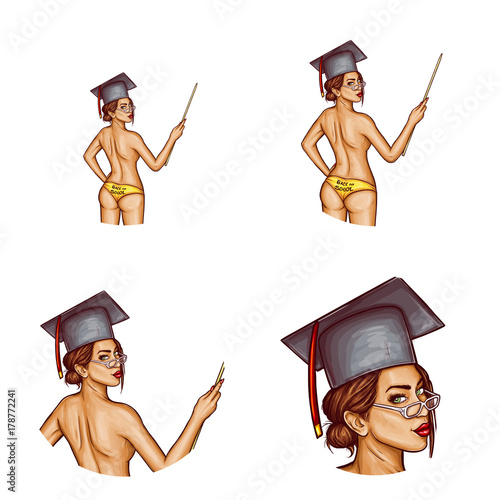 Vettoriale Stock Set of vector pop art round avatar icons for users of  social networking, blogs, profile icons. Young pin up sexy teacher girl  with brown hair in graduation cap with pointer