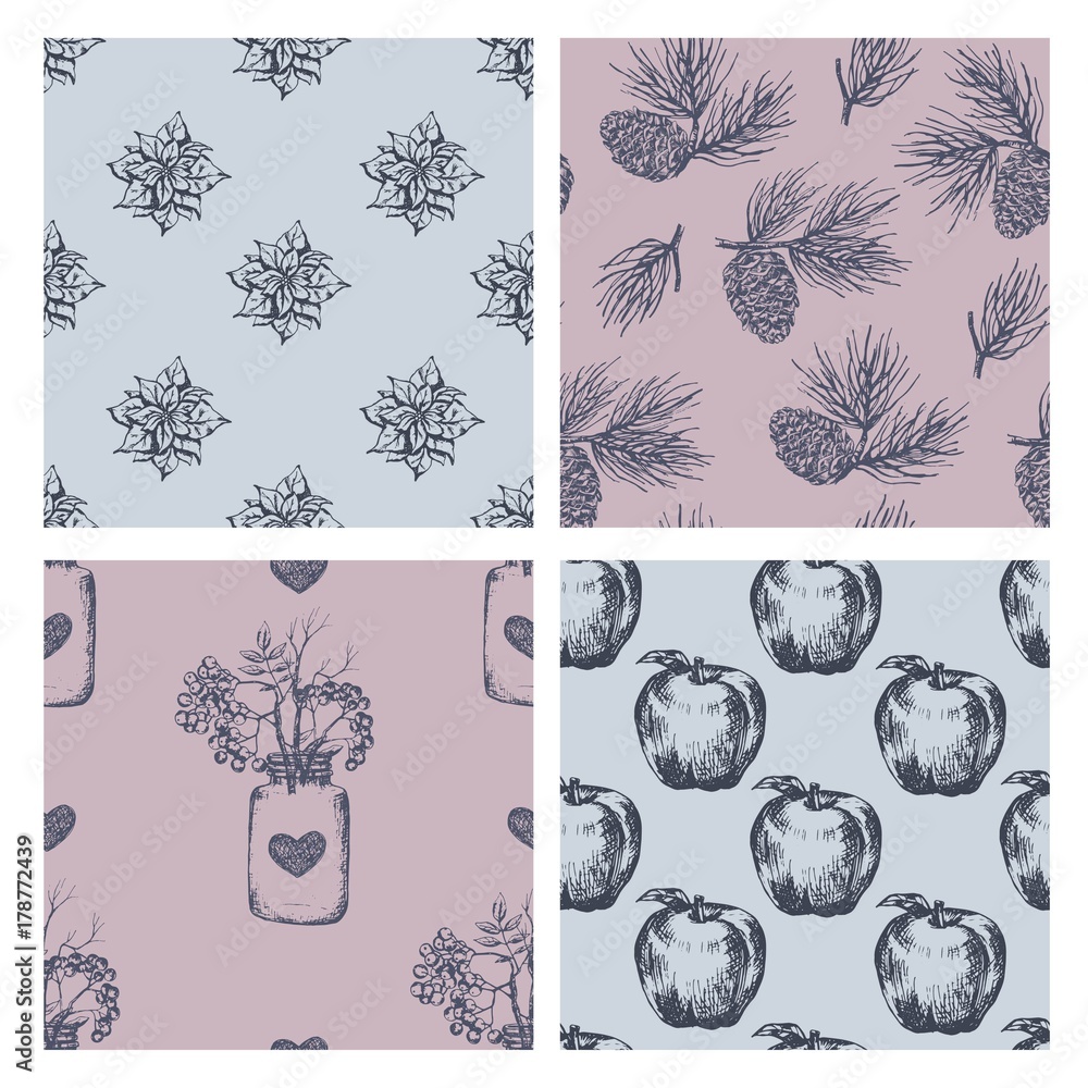 Vector winter seamless pattern, pine cone, apple