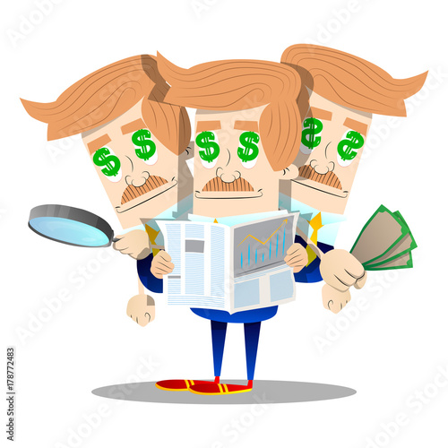 Multitasking businessman with dollar sign in his eyes. Vector cartoon character illustration. Business concept.