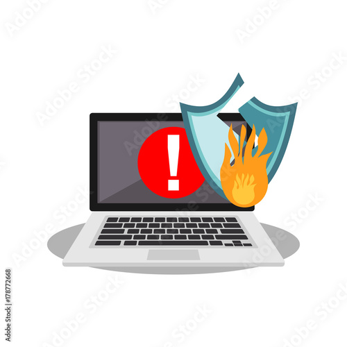 Warning on laptop screen. Security shield broken by cyber attack. Cyber attack concept. Technology background