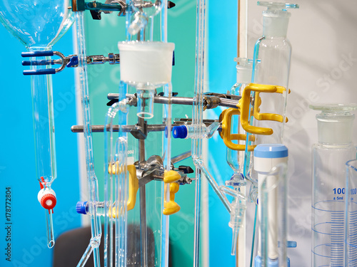 Burettes and flasks in chemical laboratory