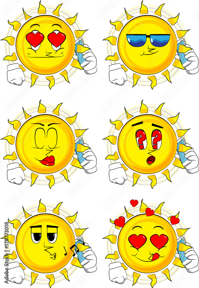 Cartoon sun talking on cell phone. Collection with various facial  expressions. Vector set. Stock Vector | Adobe Stock