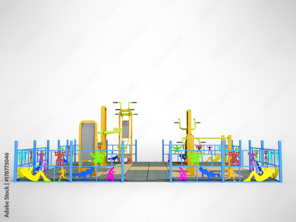 Playground with power training equipment horizontal bar exercise bike in park in front 3d render on gray background