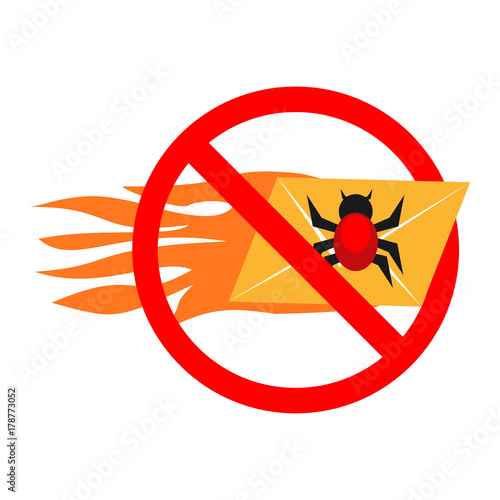Restrict sign no malware virus email. No email spam. Secure digital communication. Cyber attack concept.