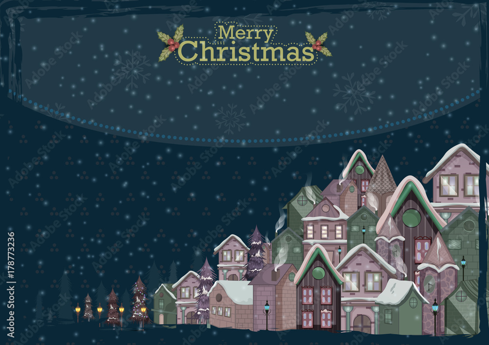 Decorated house on Happy Winter celebration greeting background for Merry Christmas